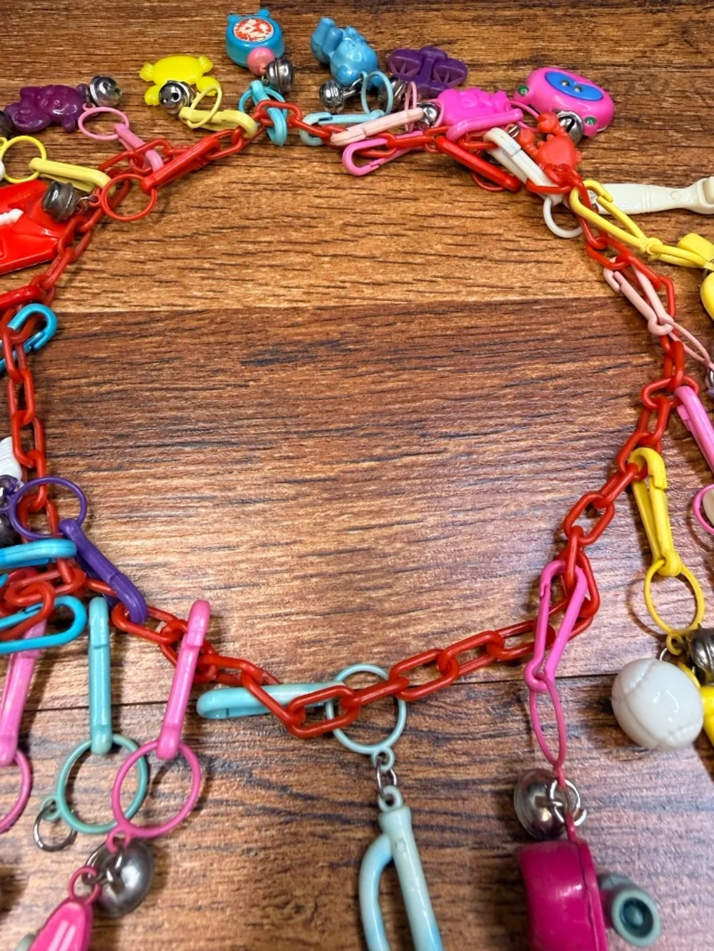 1980s BELL CHARMS Plastic Link Chain Necklace with 23 Charms